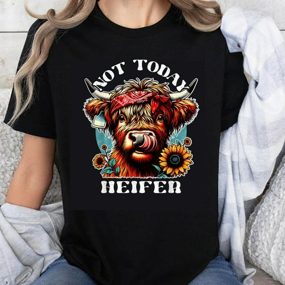 100% Cotton Not Today Heifer Cow Bandana Sunflower Graphic T-Shirt Funny Animal Print Women's Casual Top