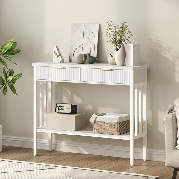 Console Table, Narrow Long Entry Table with Storage Shelf, 2-Tier Fluted Entryway Table with 2 Drawers, for Entryway, Living Room, Foyer, Hallway, Office, White CTBW5101