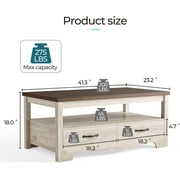 LINSY HOME Coffee Table with Storage Drawers, Wooden Farmhouse TV Stand Center Table for Living Room, Oak White