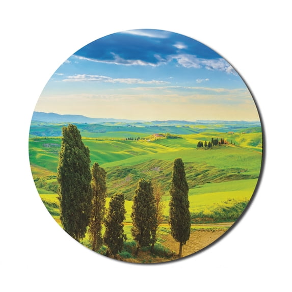 Nature Mouse Pad for Computers, Rural Sunset in Italy Countryside with Trees Fresh Meadows and Clear Sky Image Print, Round Non-Slip Thick Rubber Modern Mousepad, 8" Round, Blue Green, by Ambesonne