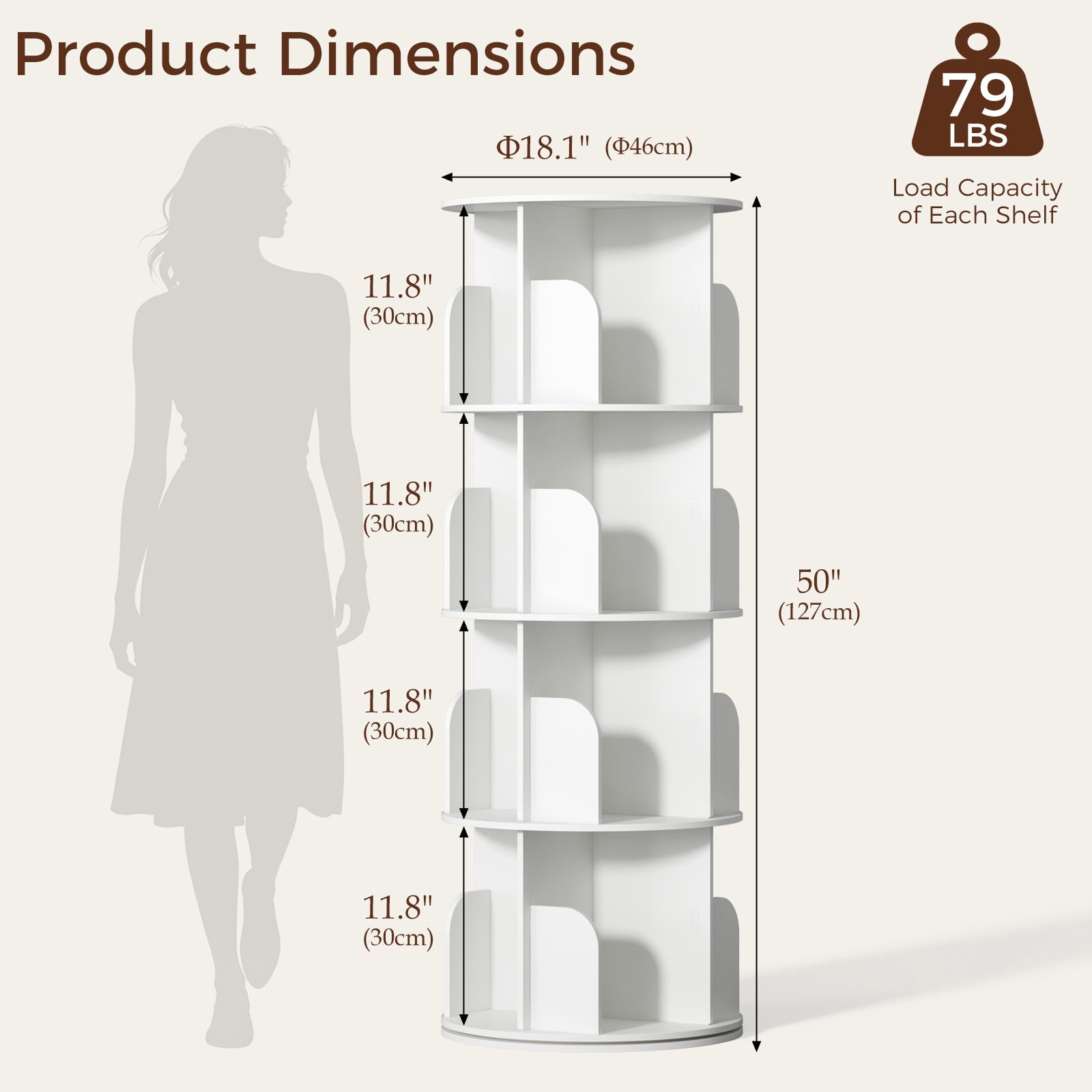 CONCETTA 4-Tier Rotating Bookshelf, 360° Spinning Bookcase with Safety Guard, Space-Saving PVC Storage for Bedroom, White