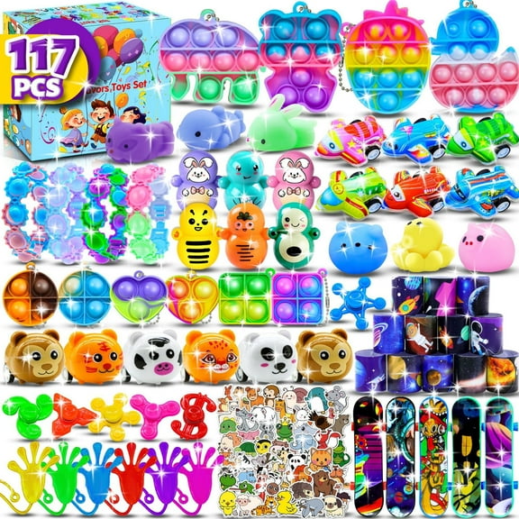 117 Pcs Party Favors for Kids Ages 4-12 Pop Fidget Toys, Classroom Treasure Box Prizes, Pinata Fillers, Goodie Bag Stuffers, Prize Chest Toys for Boys & Girls