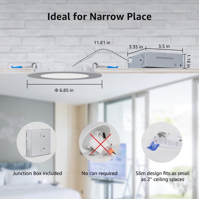 Sunco Lighting 6 Pack 6 Inch Slim Ultra-Thin Recessed Retrofit Kit LED Ceiling Light Fixture W Junction Box 14 Watt 85w Eq 3000k Kelvin Soft White 850lm Dimmable Junction Box Or Can Damp Area