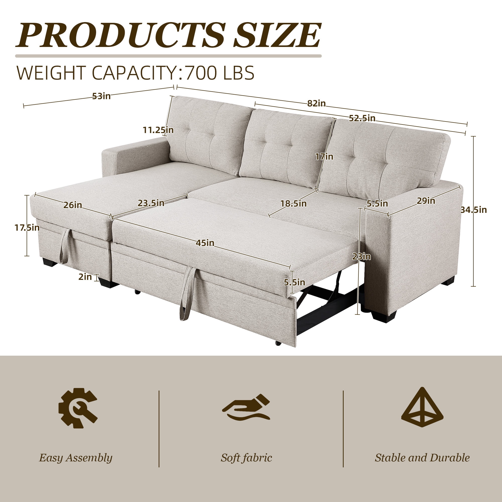 MOONMISS Sectional Sofa Bed with Storage and Soft Seat ,Reversible Pull Out Couch for Living Room,Beige