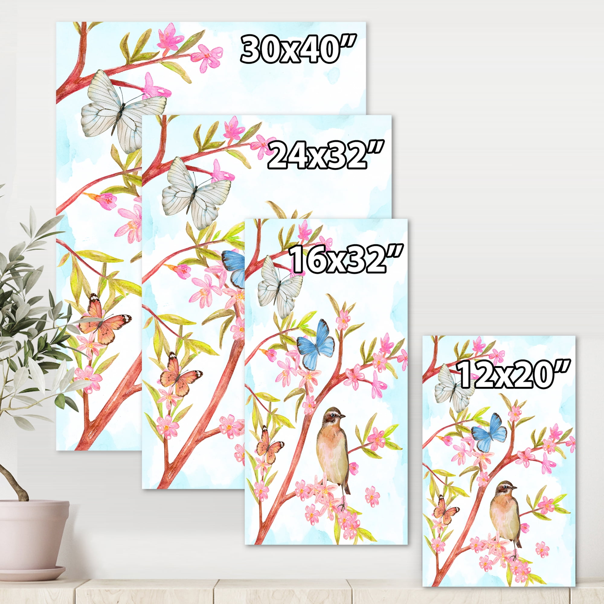 Clever Bird Sitting On Branch of A Spring Tree With Butterflies 8 in x 12 in Painting Canvas Art Print, by Designart