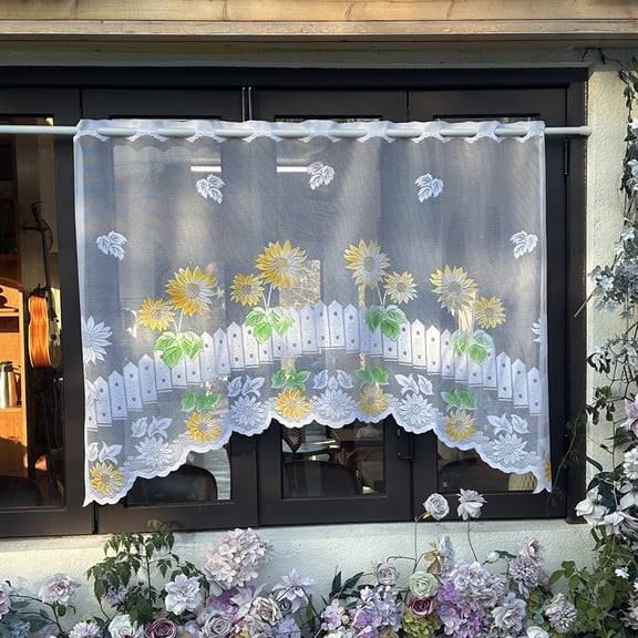 Jinswick White Lace Arched Sheer Curtain Floral Embroidered Swag Curtain Valance Tier for Doorway Kitchen Bathroom Window, Rod Pocket Top 1 Panel (White,W63 x L39 inch)