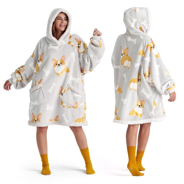 Manta portátil con capucha Bedsure Corgi Sherpa para adultos y niños