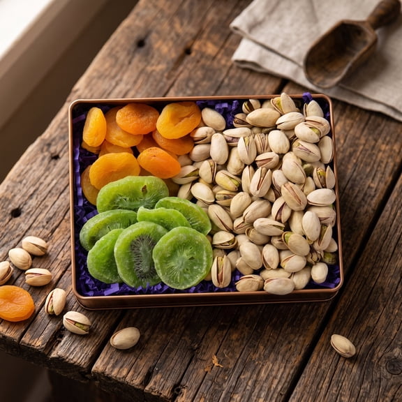 Sugar Plum Chocolates Dried Fruit and Nut Trio - Kiwi Slices, Apricot, Salted Pistachios - 12 Oz - 3 Pc Snack Gift Tin