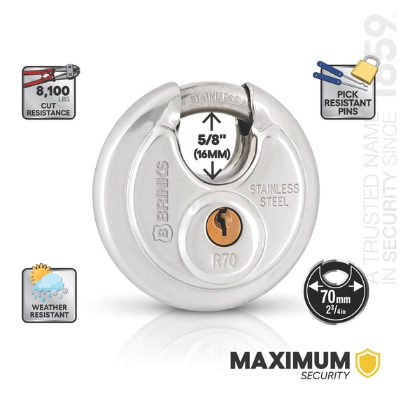 Brinks Commercial Stainless Steel 70mm Keyed Discus Padlock with 5/8in Shackle