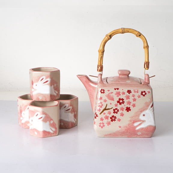 Porcelain Tea Set Square Shape 20 fl oz Teapot with 4 Hexagon Cups Hand Painted Cherry Blossoms Rabbit Design Top Handle Japanese Style