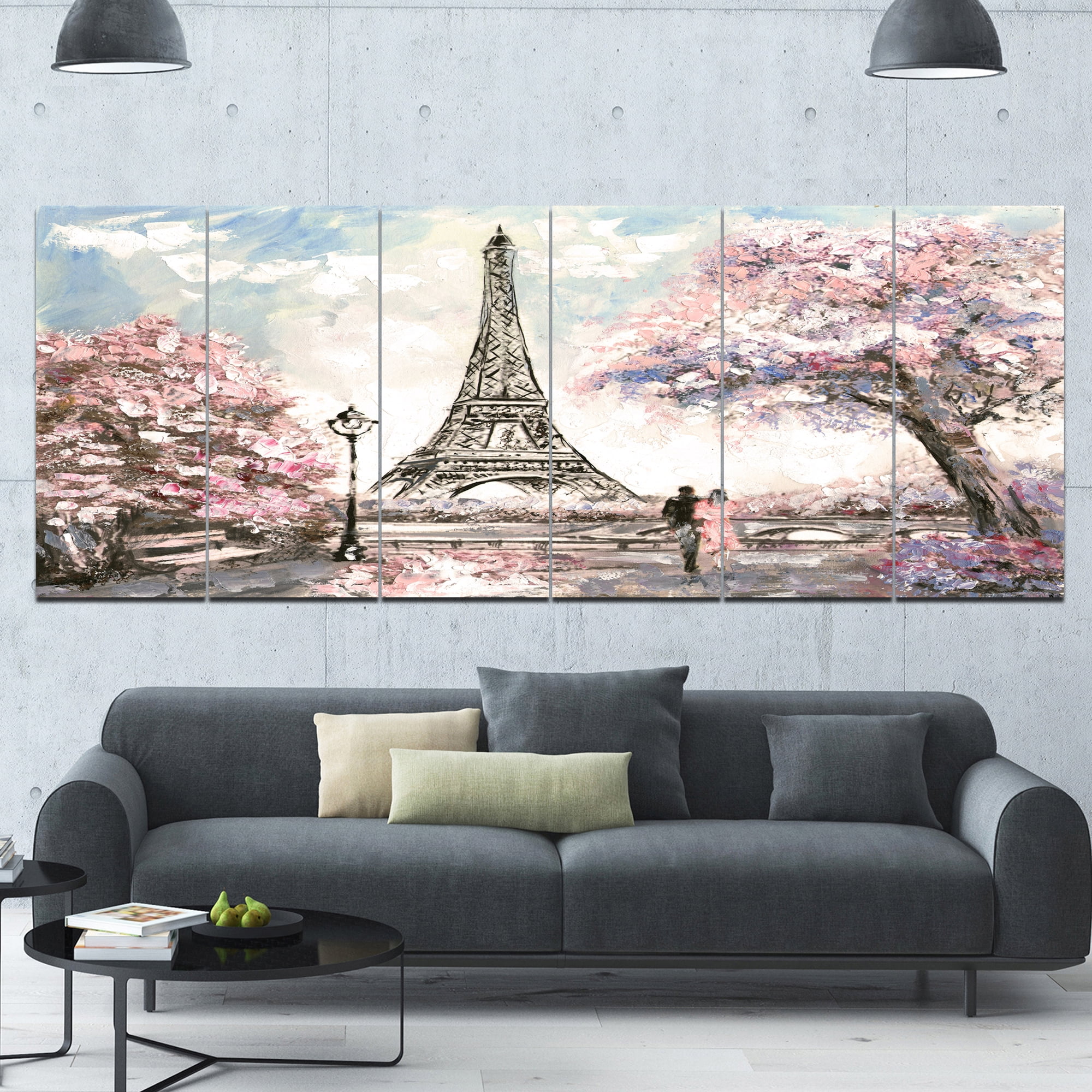 Designart 'Eiffel with Pink Flowers ' Landscape Canvas Art Print