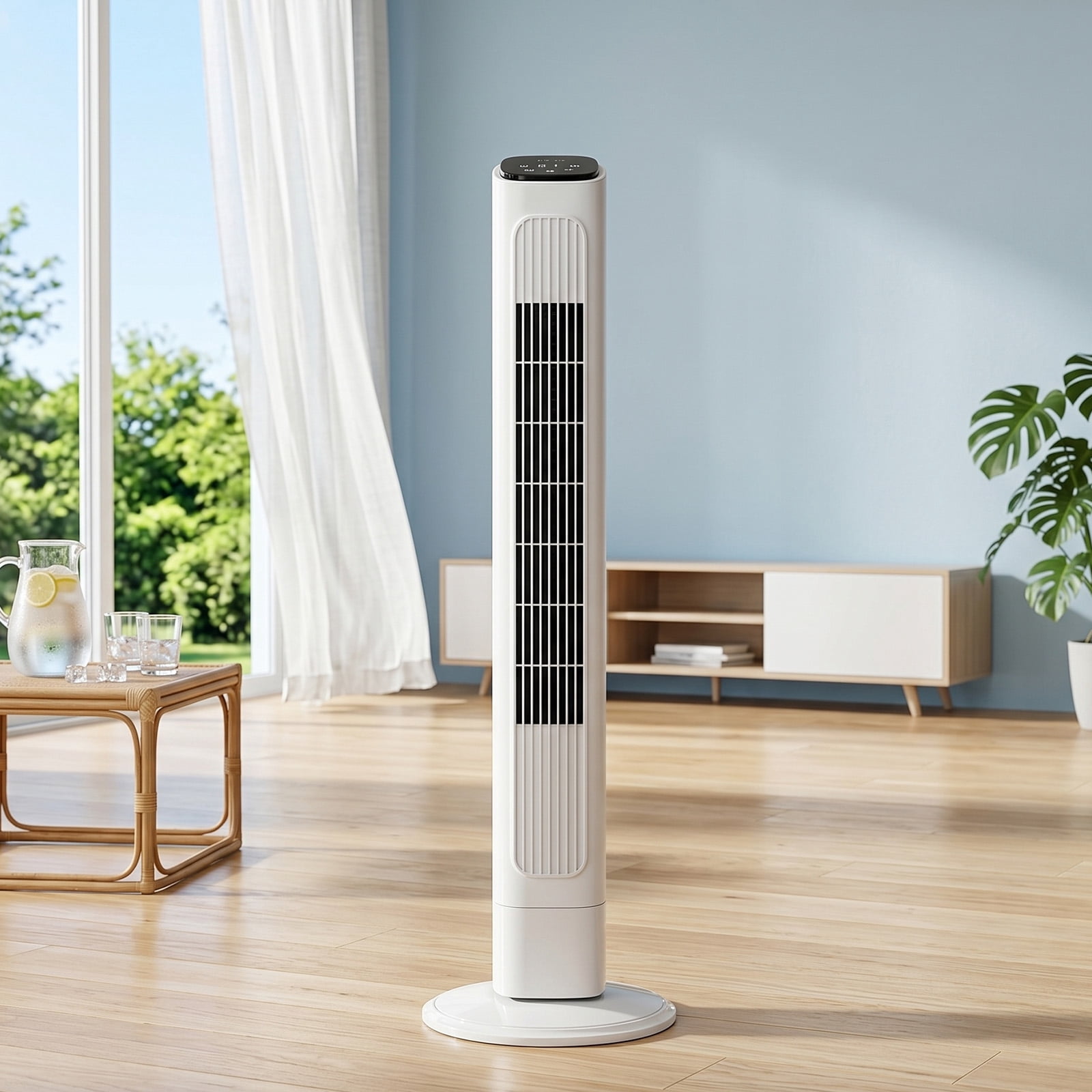 Tower Fan, 110V 45W, 36 Inch, Column Shape, White Plastic Body, Copper Motor, Touch & Remote Control, 3 Speeds, 3 Modes, Oscillating Function, 9-Hour Timer