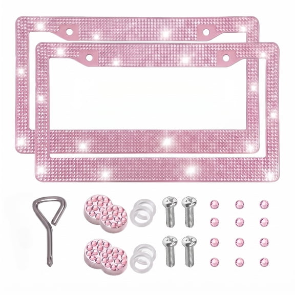 Xylobyte Bling License Plate Frames for Women, 2 Pack Sparkly Rhinestone Diamond License Plate Frames, Car Accessories with Glitter Crystal Caps (Light Pink)