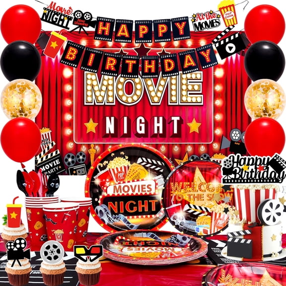 Movie Night Birthday Party Decorations,116Pcs Movie Night Party Decorations and Tableware - Movie Night Plates Tablecloth Napkins & Party Balloons Banner Backdrop etc Movie Night Decorations