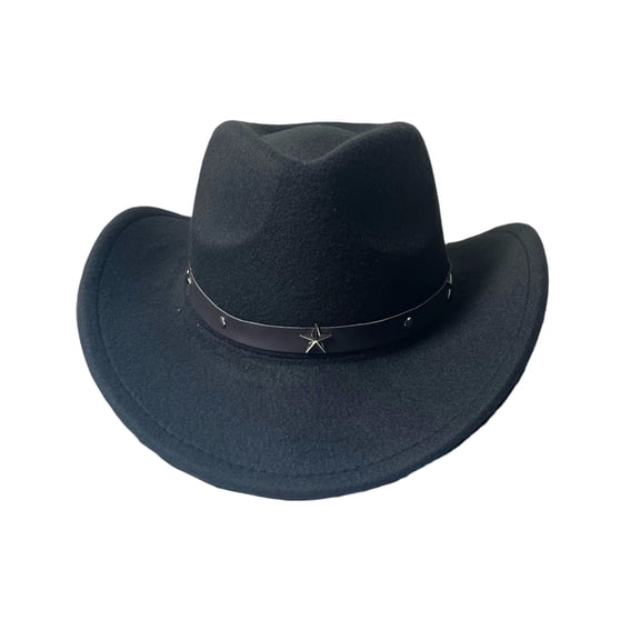 Xinwanna Western Cowboy Hat for Women Men Wide Brim Beach Cowgirls Hat Rolled-Up Felt Fedora Hat with Star Band (Black)