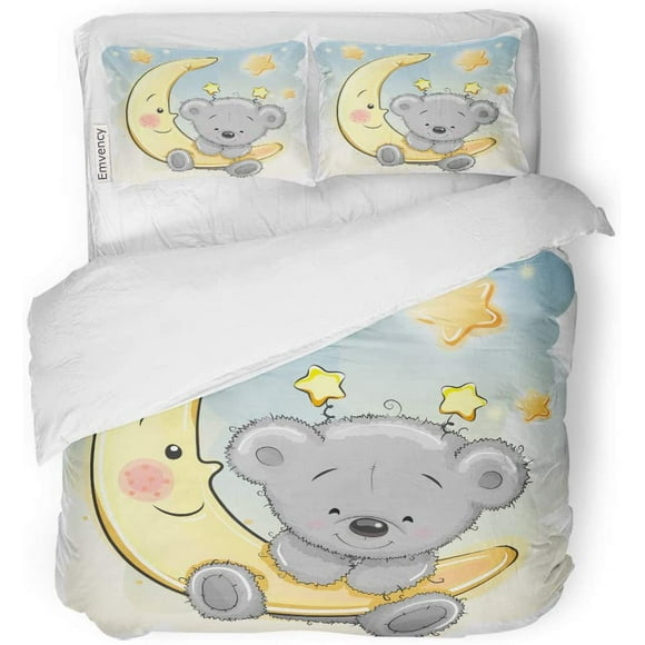 RYLABLUE Ensemble de Literie 3 Pcs Bleu Bébé Mignon Dessin Animé Ours Lune Gris Taille Simple Housse de Couette avec 2 Taies d'Oreiller pour Literie à la Maison Décoration de Chambre