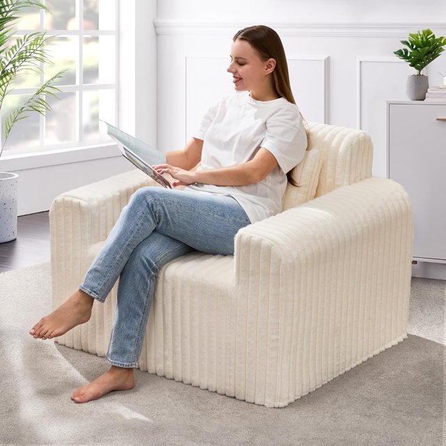 Sofá individual de espuma para espacios pequeños, cómodos sofás con funda extraíble, sofá peludo con almohadas para sala de estar, recámara, departamento, oficina (blanco)