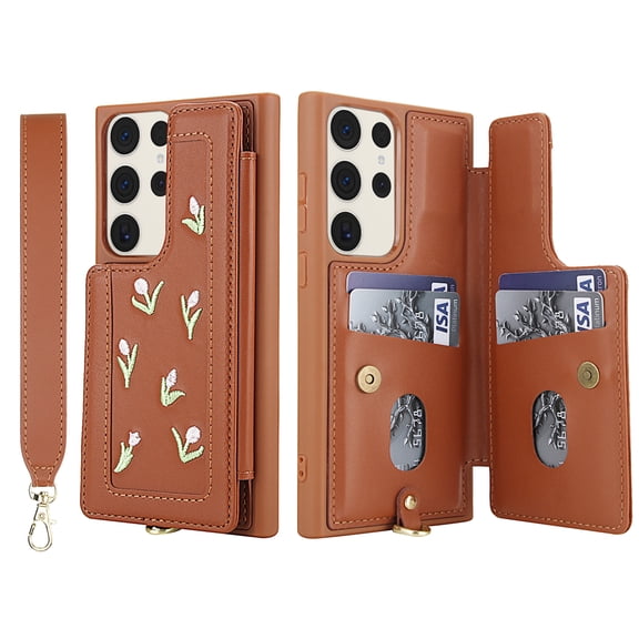 ELEHOLD Crossbody Case for Samsung Galaxy S23 Ultra, Flower Embroidered Wallet Case with Shoulder and Wrist Strap, Stand Feature,Brown