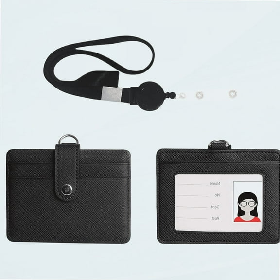 NuVision ID Badge Holder with Retractable Lanyard, Horizontal Thick PU Leather ID Badge Card Holders, 1 Clear Window & 2 Credit Card Slots with Secure Buckle for Work ID, Metro Card and Access Card