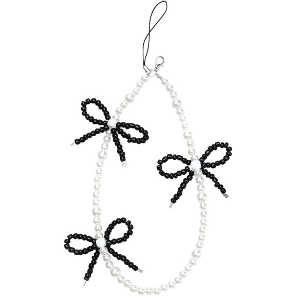 Phone Charm Cute Pearl Beaded Pink Bowknot Chain Aesthetic Universal Cell Phone Lanyard Wrist Strap Accessories for Bag Airpods Camera Pendants Decor-Black