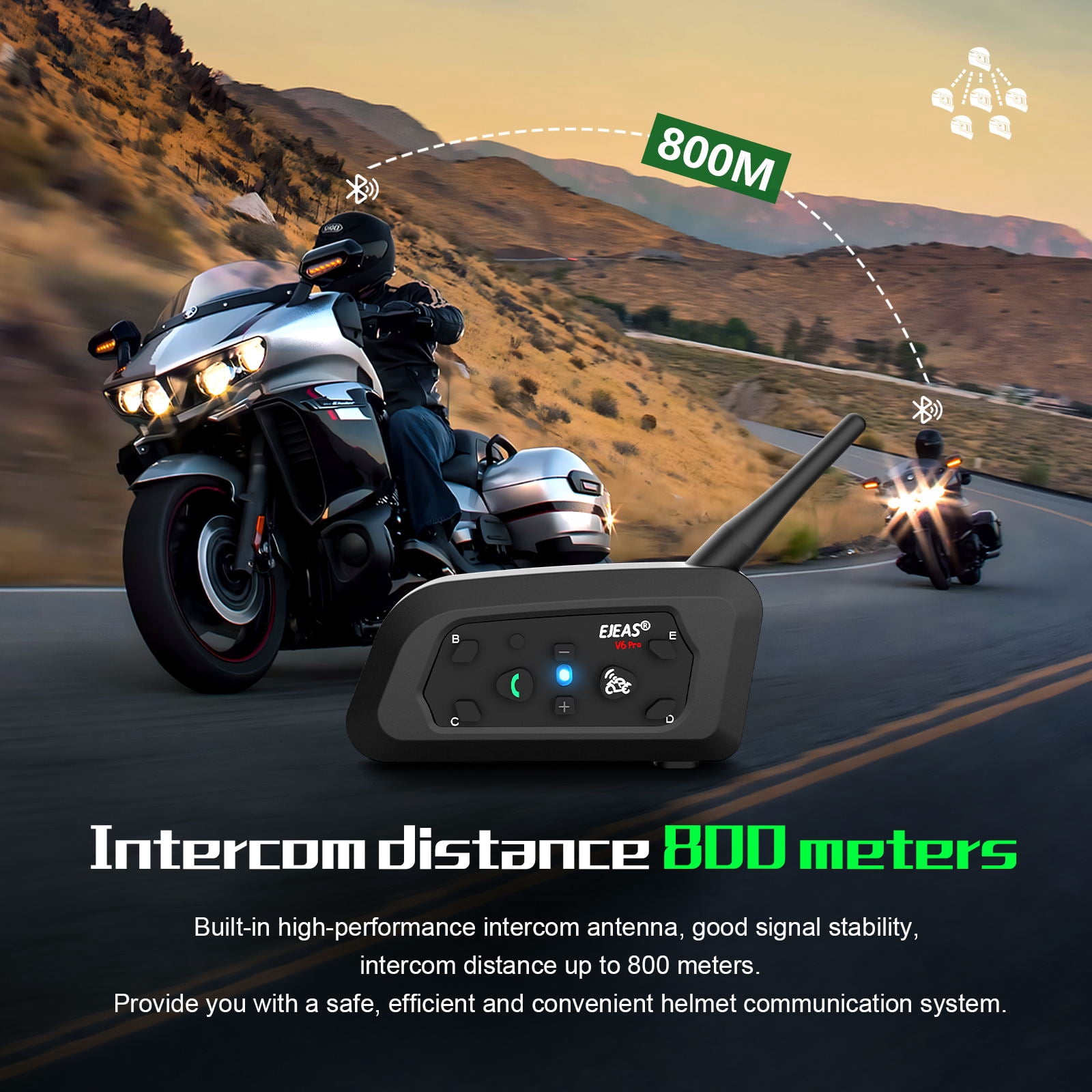 EJEAS V6 Bluetooth Motorcycle Helmet Intercom Headset 1200M 850mAh Motorbike Interphone Headphone 6 Riders for Riding(Dual)