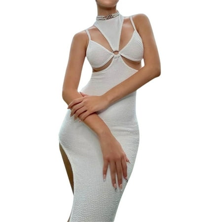

Caitzr Summer Women One Piece Dress Neck Hanger Bra Connected White Ribbed Tight Long Dress