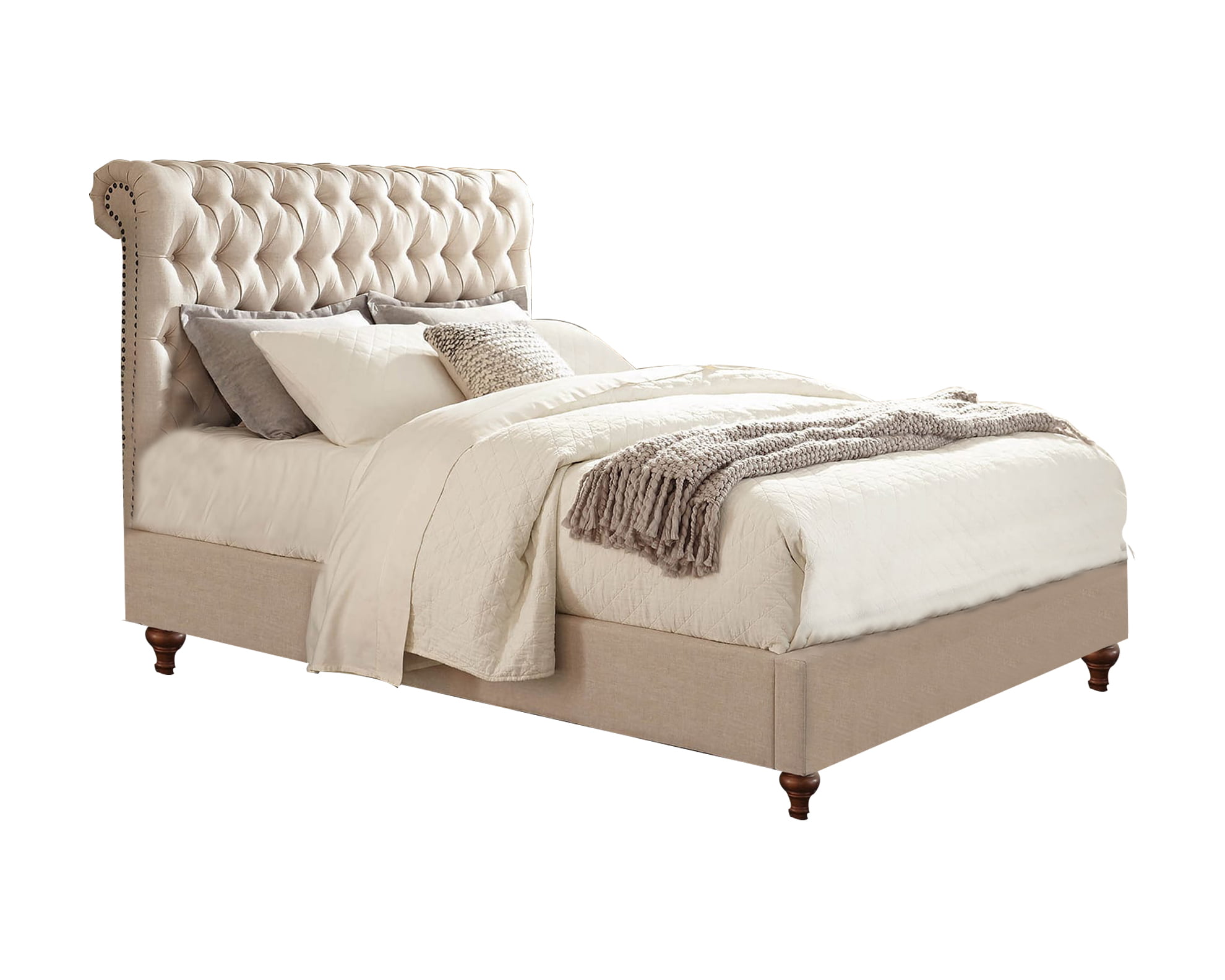Wooden California King Size Bed with Button Tufted Headboard, Beige