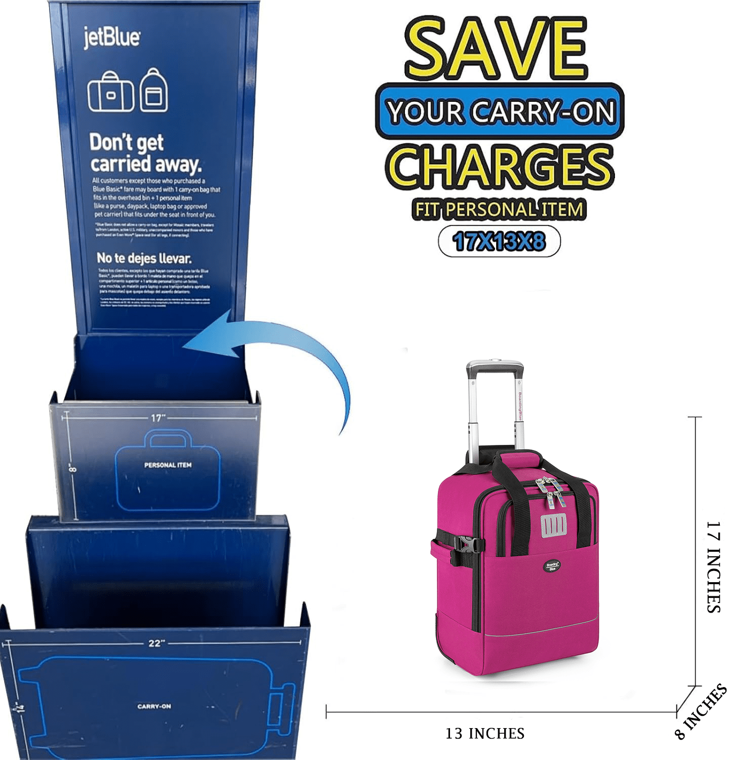17x13x8 Inches JetBlue Airlines Rolling Personal Item Underseat Travel Bag - Suitable for Major Airlines including Spirit, Jetblue and Frontier- Duffel Bag Design (Fucsia)