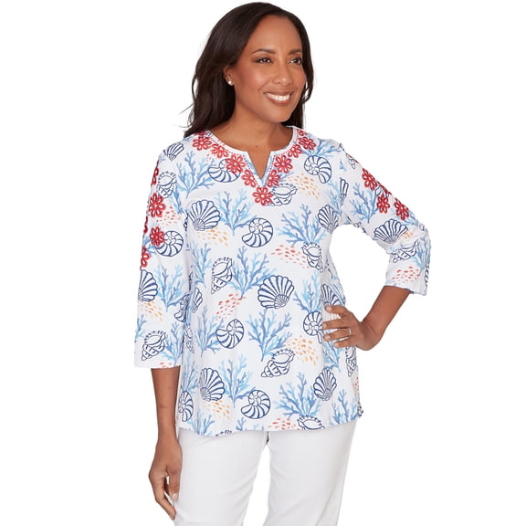 Alfred Dunner Womens Shell Print Embroidered Top