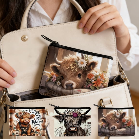 Highland Cow Coin Purse Card Holder Zipper Pouch Polyester Minimalist Wallet for Cash Cards Keys Travel Portable Change Purse