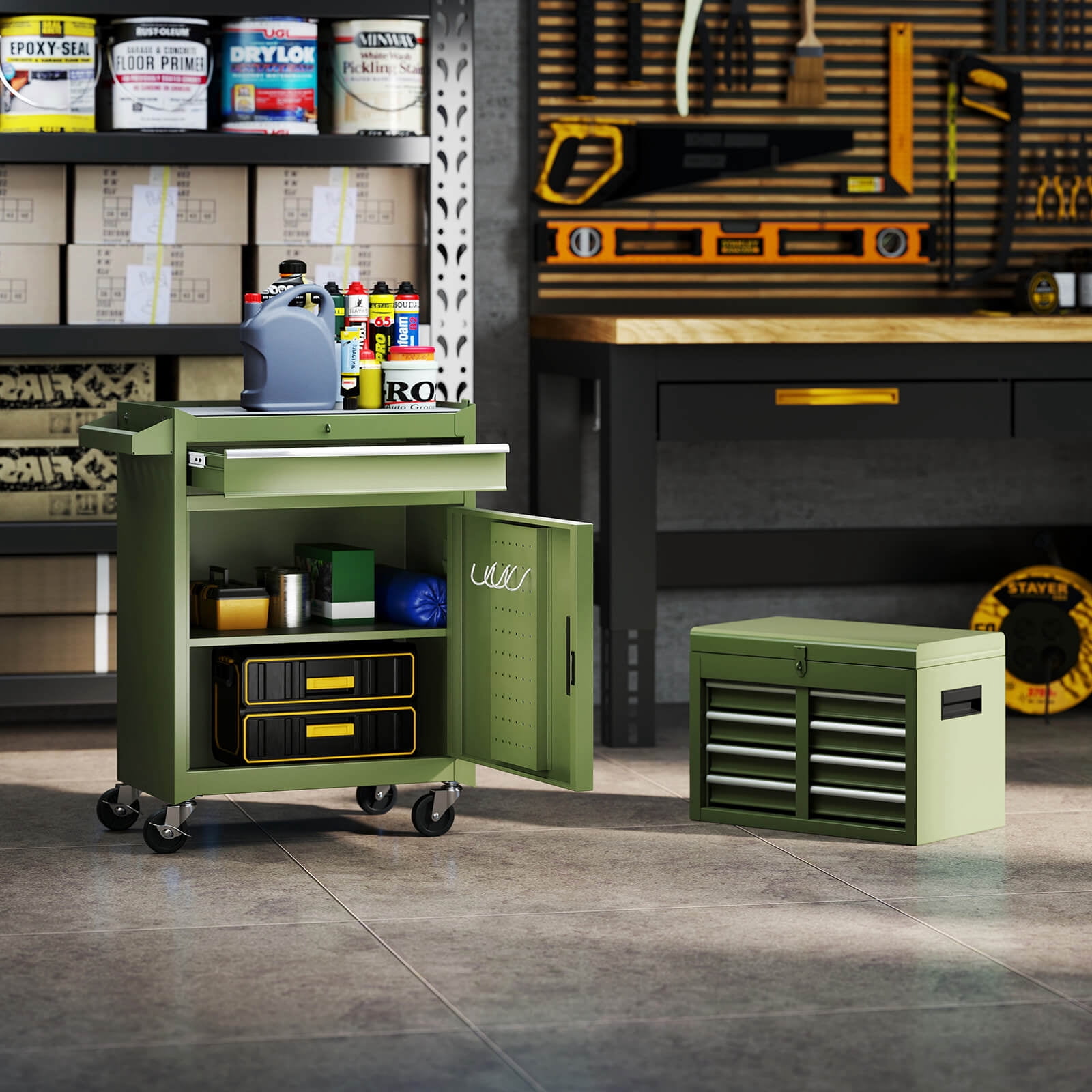 Costway 2 in 1 Tool Chest & Cabinet with Sliding Drawers Rolling Garage Organizer Green