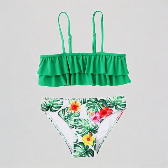 REDARER Girls' 2-Piece Swim Set – Double-Ruffled Top Tropical Leaf & Floral Print Bottoms, Vacation Beach Swimwear,6-7 Years