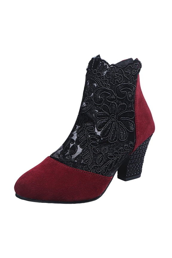 Women's Lace Bridal High Heel Thick Soled Peep Toe Shootie, Satin Open Cover Dress Pump, Fish Mouth Shoes, Hollow Stitching Heels, Party Dance Red 6.5
