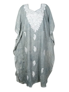 Mogul Women Maxi Kaftan Gray White Summer Boho Loose Kaftan Floral Embroidered Caftan Dresses XL