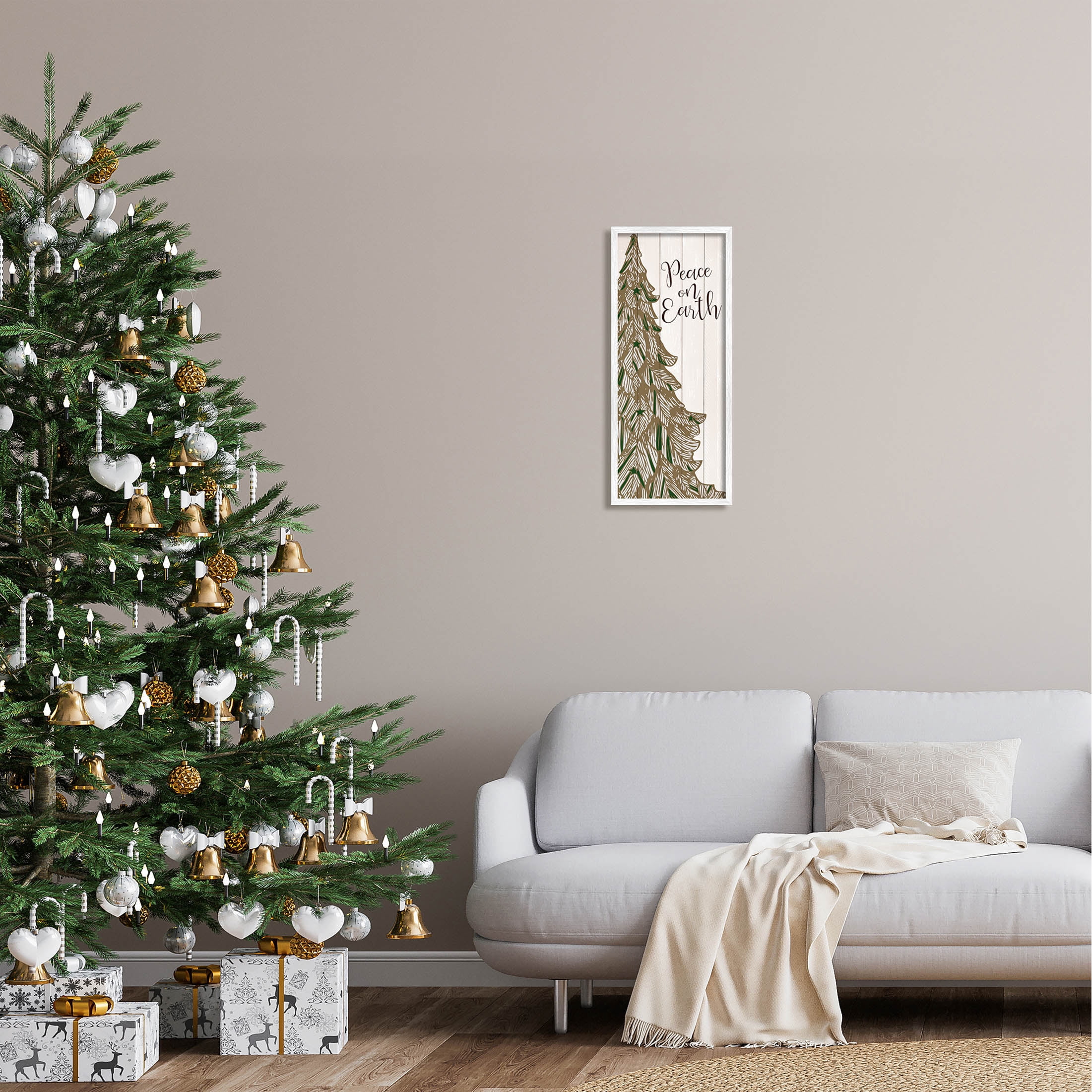 Stupell Industries Peace On Earth Tree Phrase Graphic Art White Framed Art Print Wall Art, Design by Kim Allen