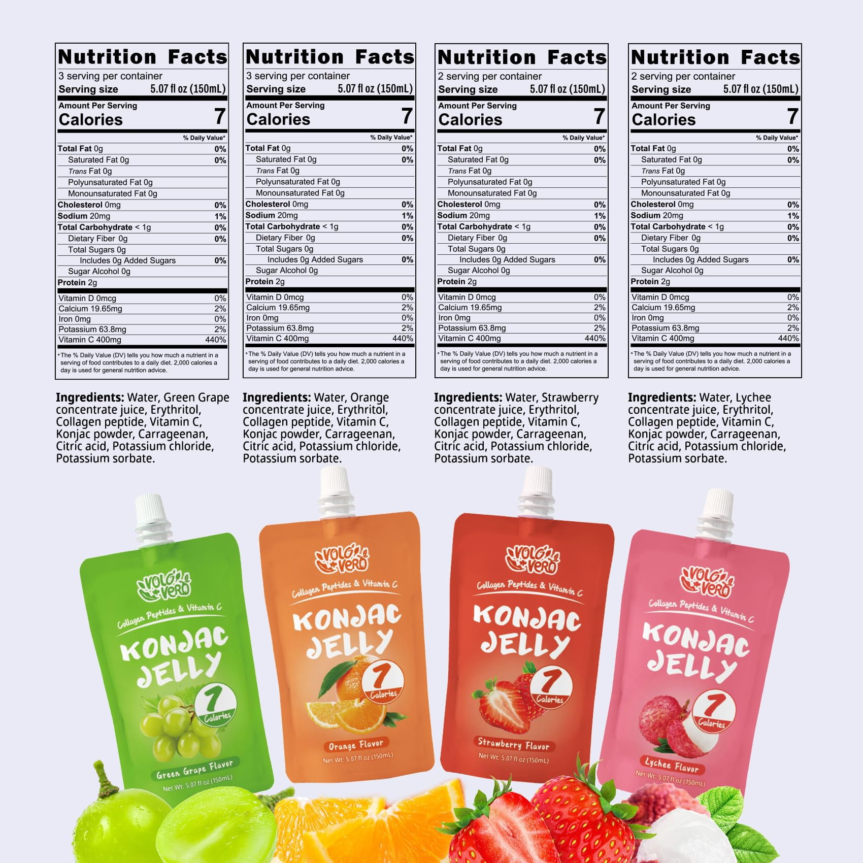 VOLO VERO Konjac Jelly Pouch MDA05&nbsp;Drinkable Variety Pack, 7 Calories, 10 Pack, 0 Sugar, Gluten Free, Keto, Vitamin C Healthy Fruit Snacks - Flavors Include Lychee, Strawberry, Orange, Grape