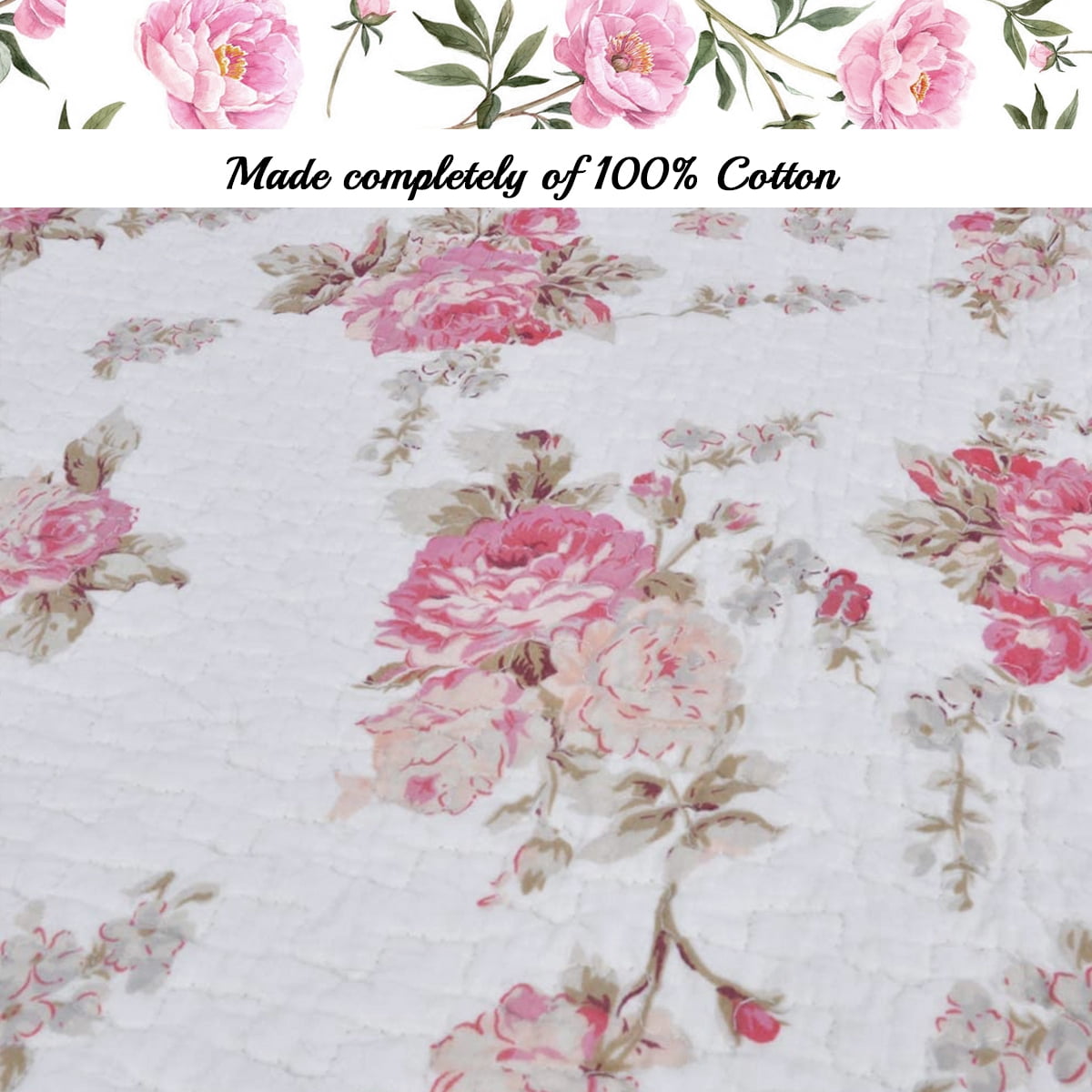 Cozy Line Shabby Chic Spring Rose 100% Cotton Quilted Throw Blanket