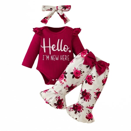 

Akiihool Baby Girl Clothes Girl Outfits Long Sleeve Ruffle Romper + Pants + Headband Set (RD2 18)