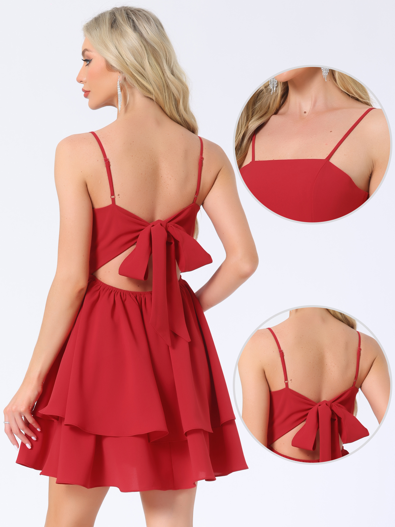 DARING DIVA Women's Backless Bow Tiered Ruffle A-Line Dress XL Red