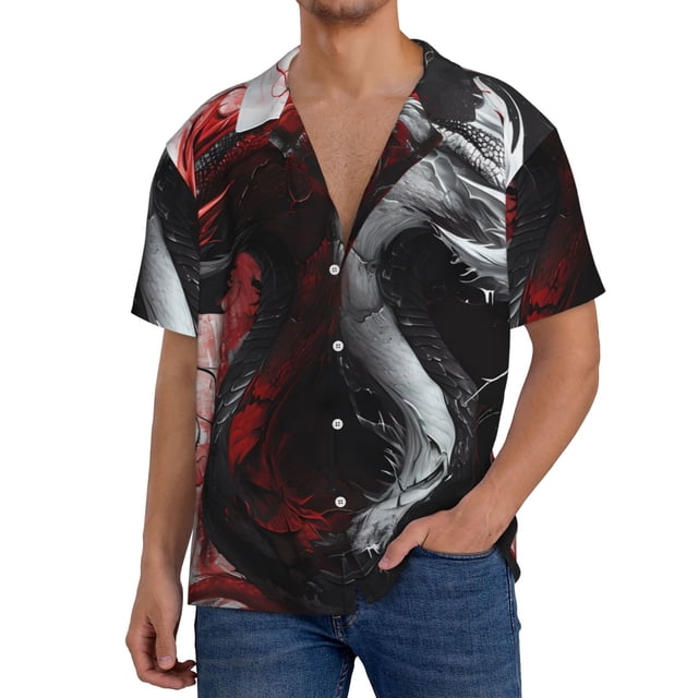 Fotbe Cool Black And White Dragon Camisa Estampada de Manga Corta para Hombre, Casual de Verano, Estilo Playero, Sin Arrugas-Small