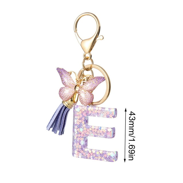 Car Key Chain with 26-Letter Resin Pendant Butterfly Design and Gradient Tassel