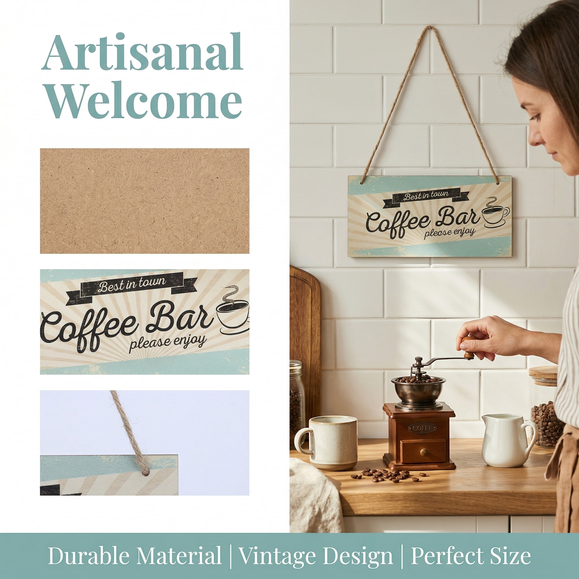 Unique Bargains Coffee Bar Sign Station Decor Rustic Wood Hanging Plaque Style F 3.9in