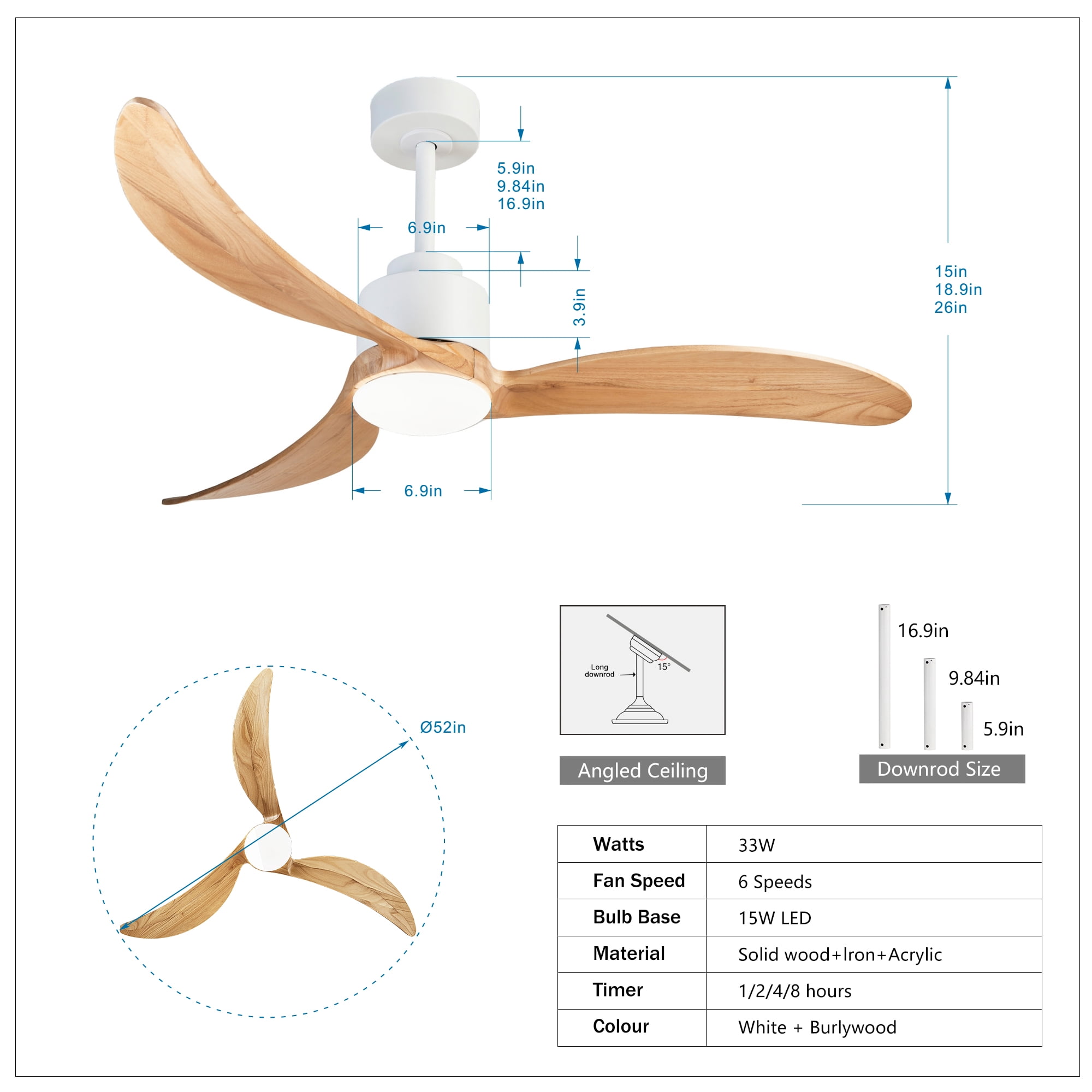 Ceiling Fan with Light, 52 Inch Solid Wood Blade Fan for Home Living Room Indoor Decor, White Wood