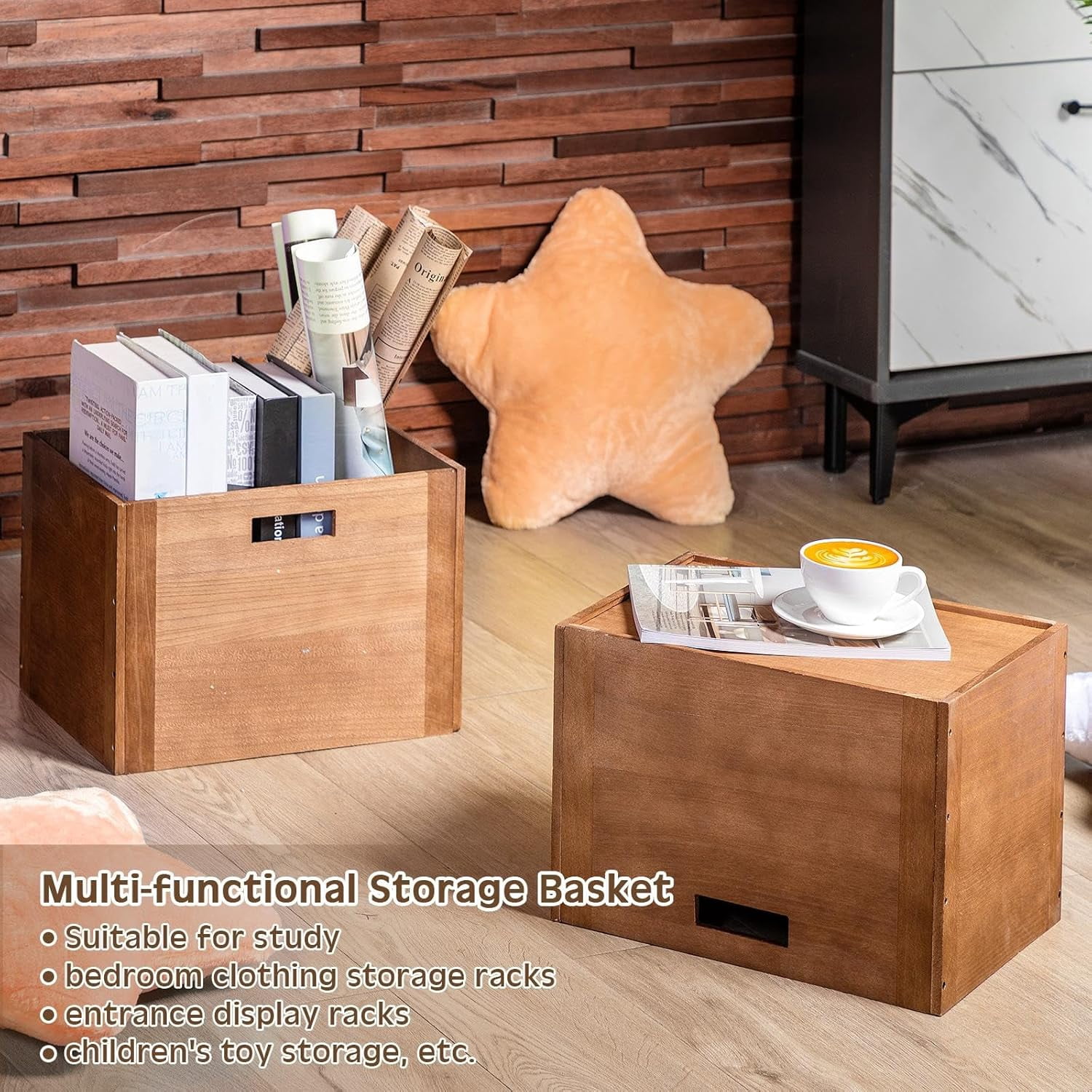 4 Pcs Stackable Wood Storage Cube for Shelves Closet Wooden Bins Box Wood Crates Storage Baskets Container for Toy Books Clothes Home Office, Dark Brown(14 x 10 x 10 Inch)