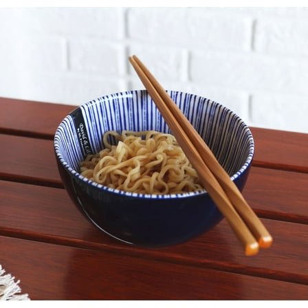 Pack Of 6 Artistic Blue Geometric Stripes Rice Soup Salad Ceramic Bowls 14oz