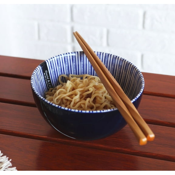 Pack Of 6 Artistic Blue Geometric Stripes Rice Soup Salad Ceramic Bowls 14oz
