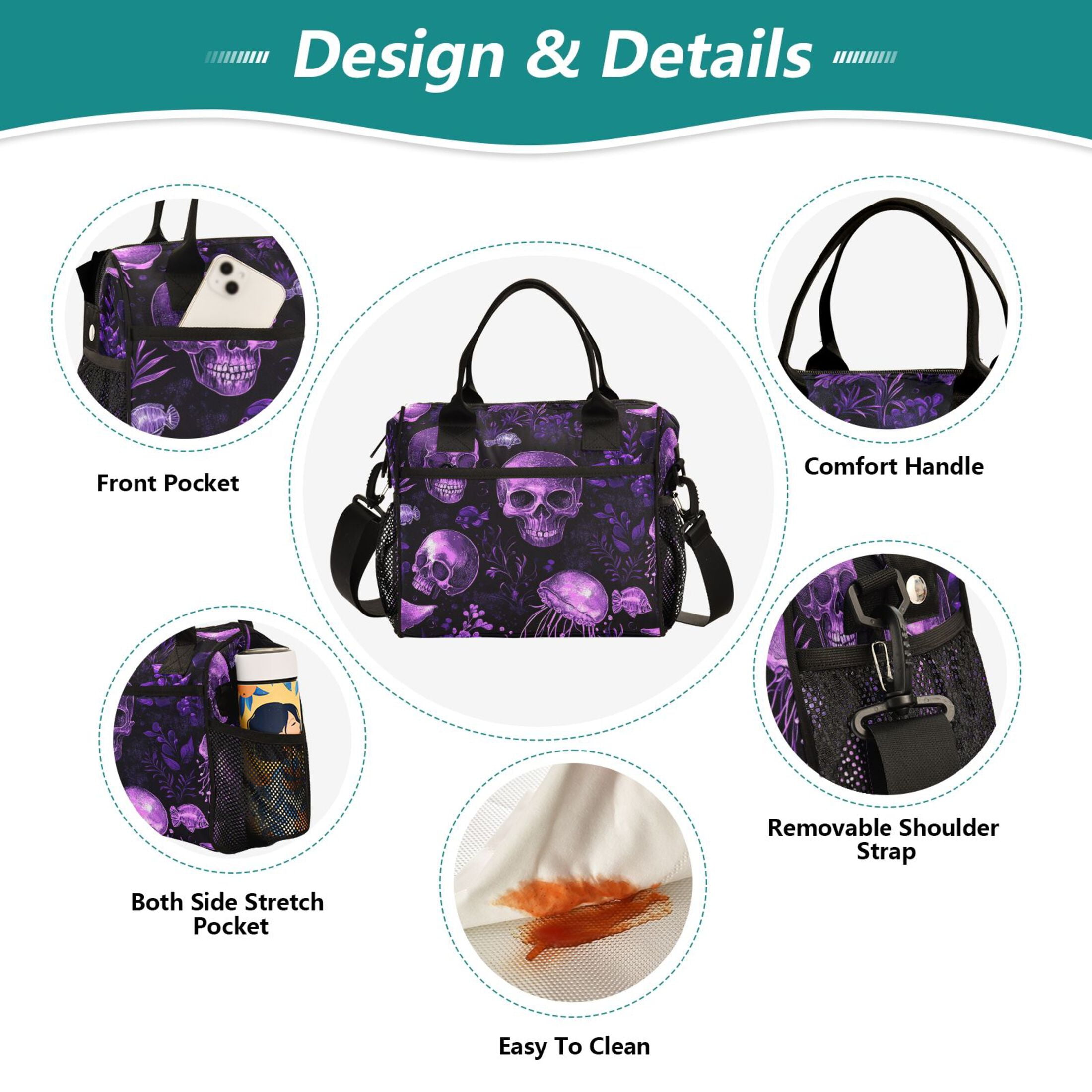 WOBOGO Skulls Jellyfish Purple Pattern Lunch Bag Large Capacity Leak Proof Insulation Soft Adult Men and Women Universal 11.8×11.4×6.2in