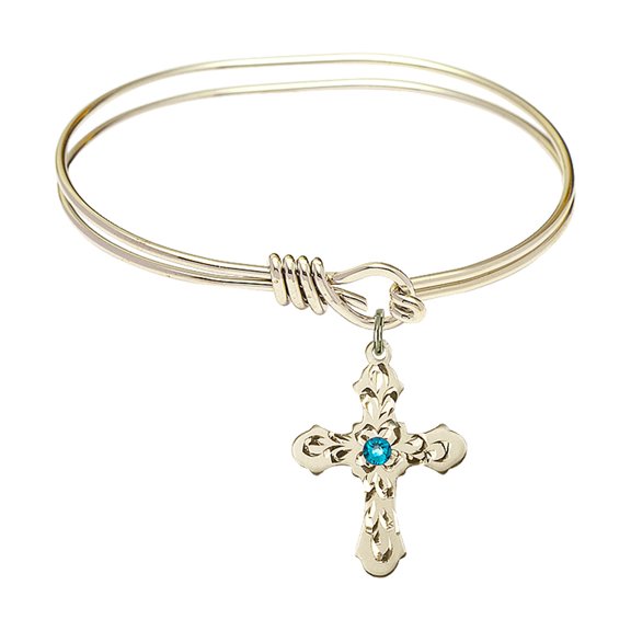 5 3/4 inch Oval Eye Hook Bangle Bracelet w/ Cross medal charm w/ December Blue Swarovski Crystal