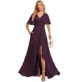 thumbnail image 1 of deamify Women's Plum Side Split A Line Bridesmaid Dresses 2025 for Teens V Neck Long Chiffon Flutter Sleeve Formal Dresses with Pockets 16, 1 of 7