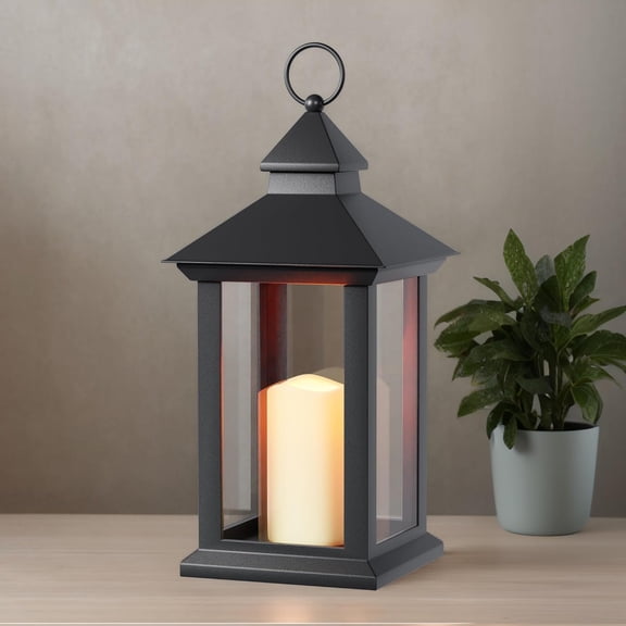 Lanterns Decorative Indoor, 1 Pack Black Decorative Flameless Candle Lanterns with Timer, 14" Outdoor Lanterns, Operated for Porch, Patio, Wedding Decor